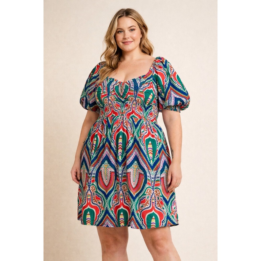 Skies Are Blue Curvy Puff Sleeve‎ Boho Print Dress Size 1X